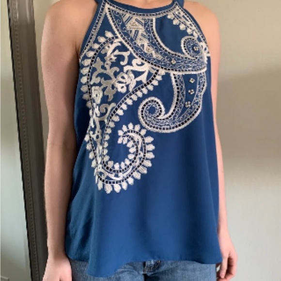 Adrianna Papell Tops - Adrianna Papell Blue and White Embroidered Paisley and Beaded Blouse Size L